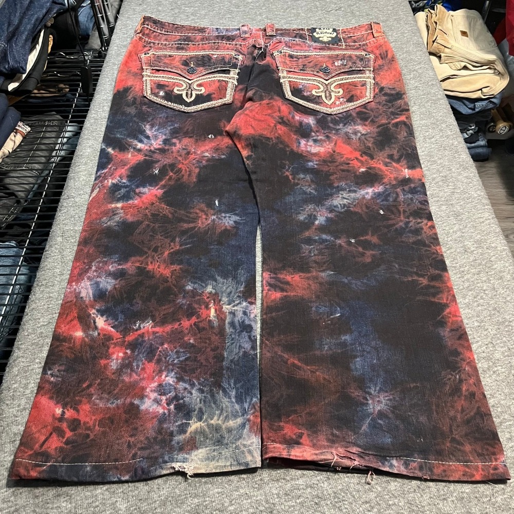 Rock Revival Dan Alt Straight TieDye Jeans Red Black Mens 44x30 baggy Distressed - Picture 2 of 6